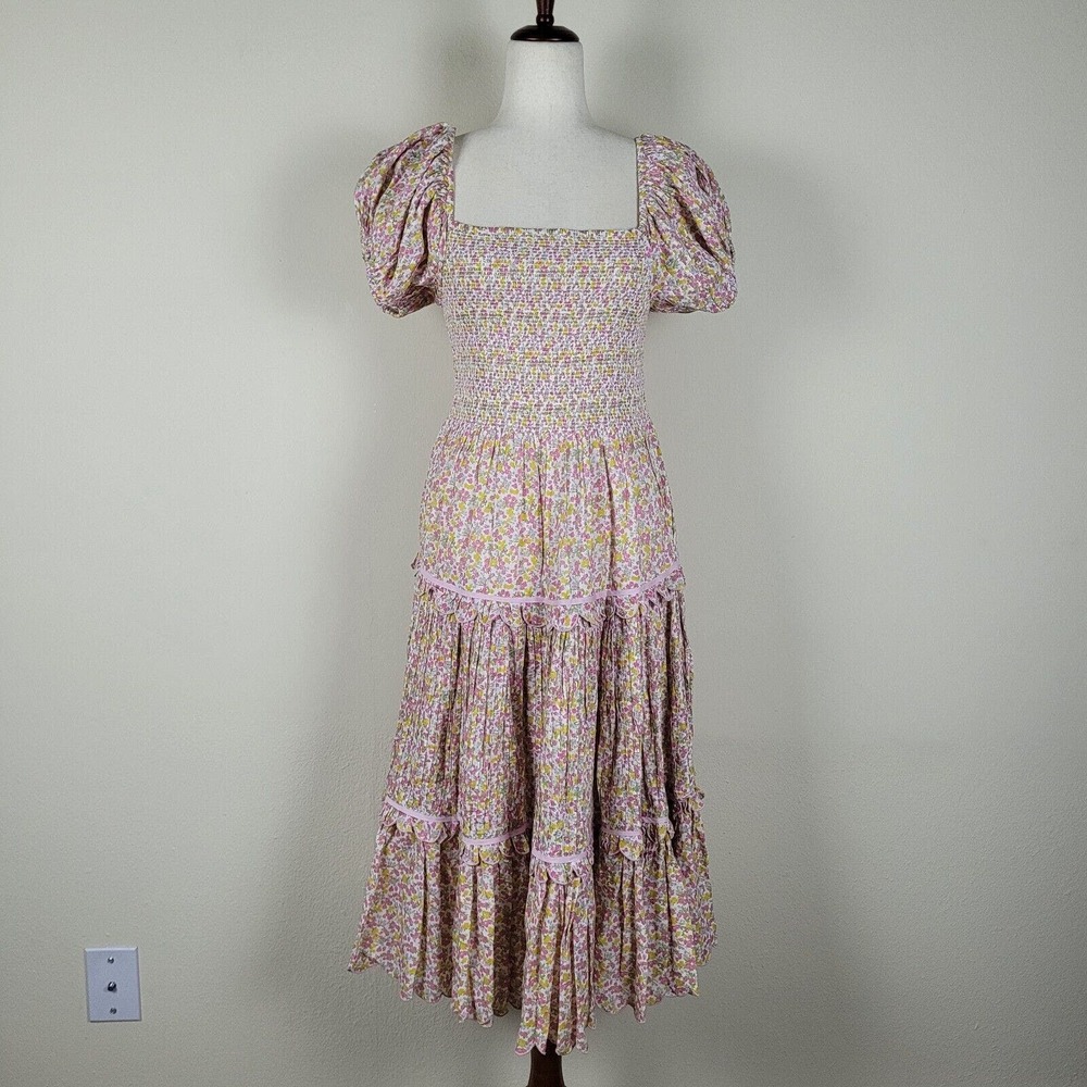 Loveshackfancy Dress Womens Small Pink Green Floral Pleated Tiered Smocked